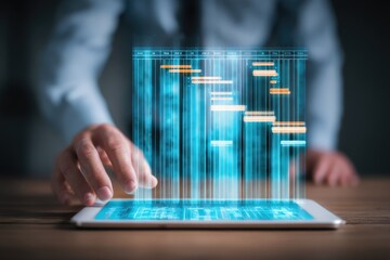 Businessman interacts with a holographic project schedule displayed on a tablet