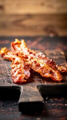 Crispy bacon strips on a wooden board