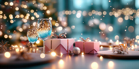 Christmas celebration table decorated with futuristic smart gifts, AR greeting cards, holographic packages with LED light patterns,color-changing designs, modern holiday festive atmosphere, copy space