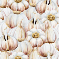Garlic harvest watercolor seamless pattern. Many vegetable bulbs repeat background. Hand drawn realistic kitchen food backdrop in beige colors for spice recipes, cookbooks and cooking designs