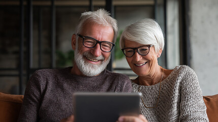 Happy senior couple reading documents together at home, enjoying retirement planning and financial security