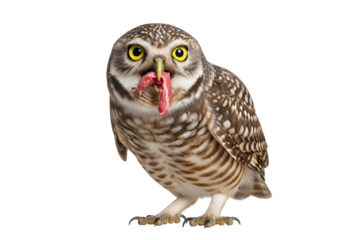 A close-up view of a short-eared owl, displaying its distinctive markings and a piece of prey held in its beak, against a striking black background.