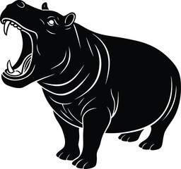 Black and White Vector Illustration of a Hippopotamus with Open Mouth on white background