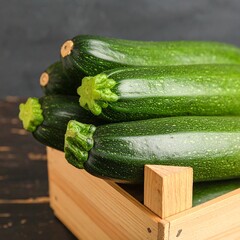 Fresh green zucchini in a wooden crate