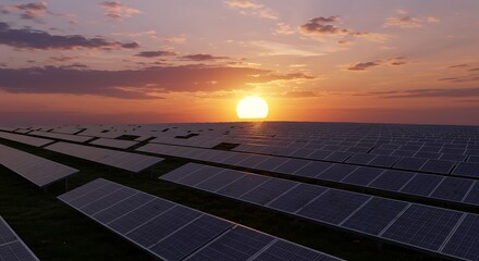 Golden hour over a vast solar farm, capturing renewable energy from the dramatic sunset for a sustainable future
