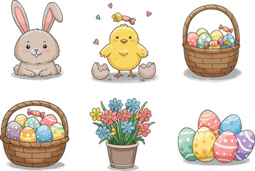 Cute Easter Cartoon Vector Set – Bunny, Chick, Basket, Eggs, Flowers – Spring Holiday Icons for Kids, Decor, and Celebration Design