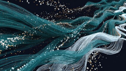 Teal and white flowing lines,  scattered particles