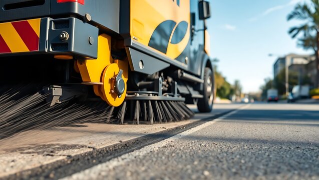 Close up of street sweeper cleaning asphalt road