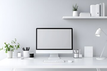 ultra-clean desk with all-white accessories and monitor, floating shelves on blank wall
