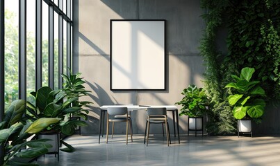 Minimalist modern office space featuring a blank poster, potted plants, and simple furniture near a large window.