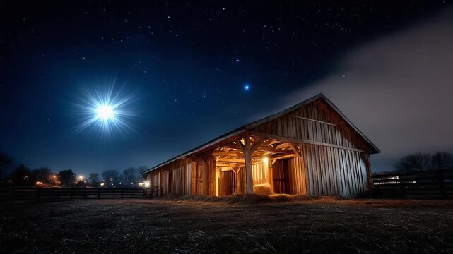 A wooden barn at night with warm interior lights beneath a starry sky and a bright celestial object overhead.