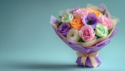 Colorful flower bouquet on light teal background