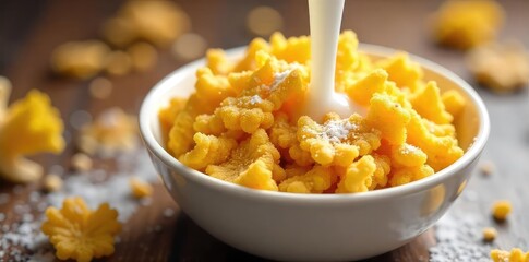 A bowl of golden, crunchy sunflower cereal, milk splashing playfully, ready to be enjoyed for a wholesome breakfast , satisfying, cereal, simple breakfast