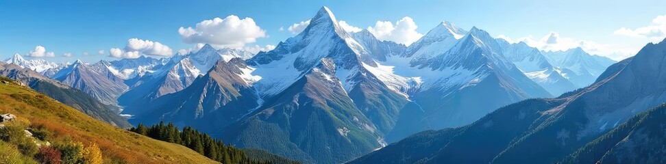 A breathtaking panoramic view of a majestic mountain range, snow-capped peaks piercing a vibrant blue sky, sunlight illuminating a pristine wilderness landscape , snow, expedition, tranquility