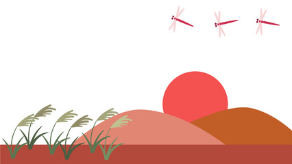 夕焼けとススキと赤とんぼの背景イラスト素材 © OrangeEtFille