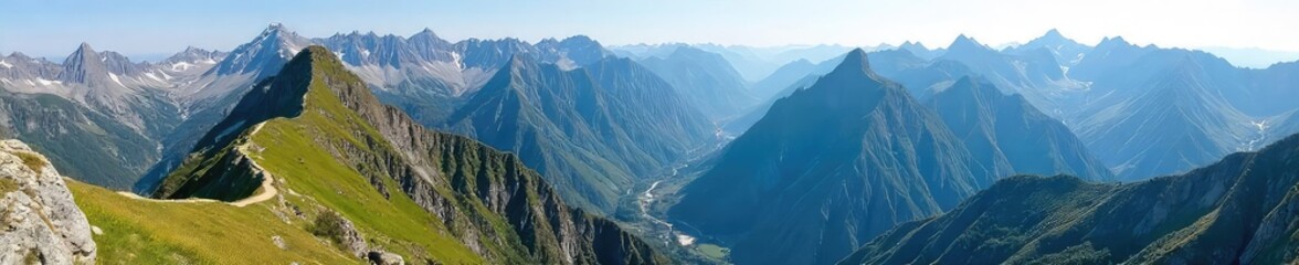 A breathtaking panoramic view of majestic mountains, with winding hiking trails visible amongst the peaks Ideal for travel, adventure, and nature-themed projects , elevation, vegetation