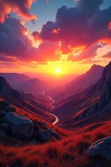A breathtaking sunrise paints the sky with vibrant hues as a vast, unexplored landscape stretches to the horizon, promising adventure and discovery , colorful, calm