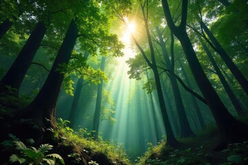A breathtaking view of a dense forest canopy stretching to the sky, sunlight filtering through leaves  Perfect for nature, travel, and environmental themes , trees, wildness