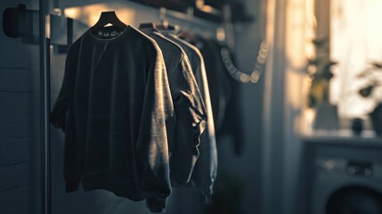 Several dark grey sweatshirts hang on a wooden hanger in a sunlit closet.