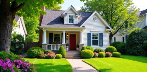 A charming neighborhood house with a lush green lawn, vibrant flowerbeds, and a welcoming front porch, perfect for a family or individual seeking a peaceful home ,  street,  gutter