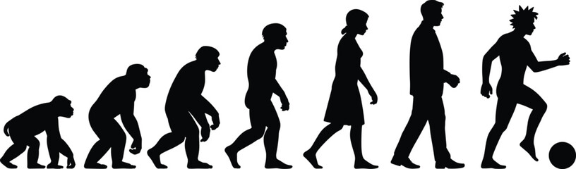 Silhouette illustration showing the evolution of man from ape to modern human including woman and creative figure with spiky hair.