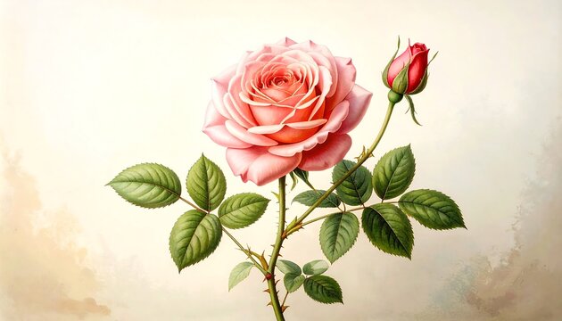 Delicate pink rose blossom with bud