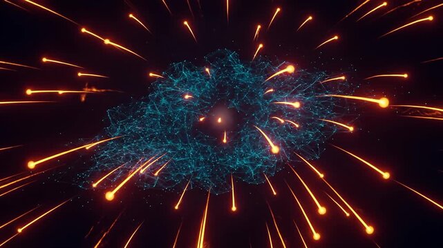 Dynamic tech explosion illuminating data network in dark space