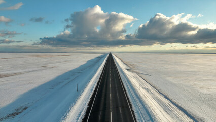 Fototapeta premium Drive through winter wonderland on a stunning asphalt road stretching toward the horizon under a calming sky