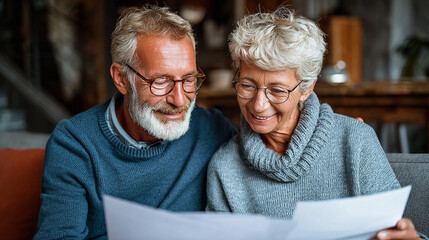 Happy senior couple reading documents together at home, enjoying retirement planning and financial security