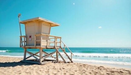 A classic lifeguard tower stands tall on a sandy beach, overlooking the calm ocean waves under a bright sunny sky  Perfect for summer, vacation, and safety themes , wooden, tower structure, nature