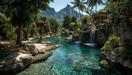 Tropical oasis with turquoise pool, waterfall, and lush greenery