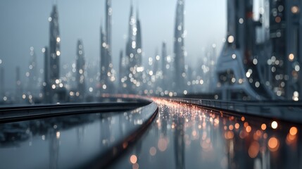 A futuristic cityscape with blurred lights and reflections, creating a dreamy, ethereal atmosphere.