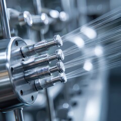 Close-up of industrial metal nozzles spraying water