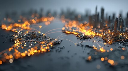 A digital representation of a connected network, showcasing bright nodes and lines over a stylized map, symbolizing technology and communication.