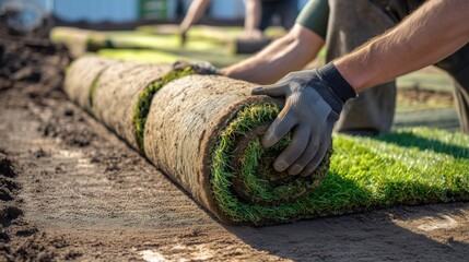 Laying Sod Roll on Compacted Even Soil — Turf Installation Close Action