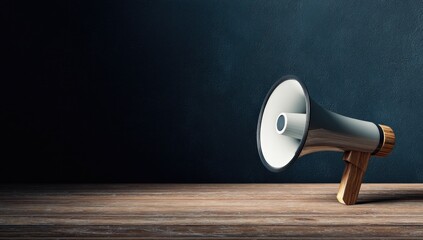 Megaphone on a wooden surface against a dark wall