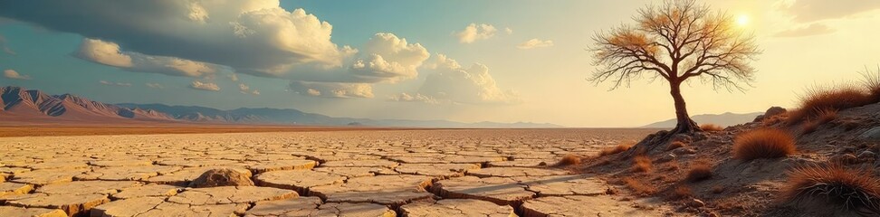 A cracked and arid landscape reveals the harsh effects of global warming; barren earth, a withered tree, and a desolate sky depict climate change's impact on the planet , arid land, heatwave