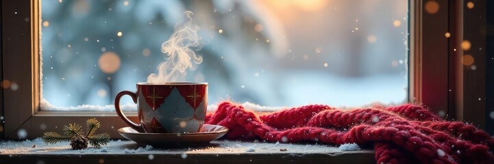 A cozy winter scene featuring a steaming mug and knitted scarf near a snow-covered window, perfect for illustrating winter pricing strategies or seasonal offers , advertising, pricing, festive