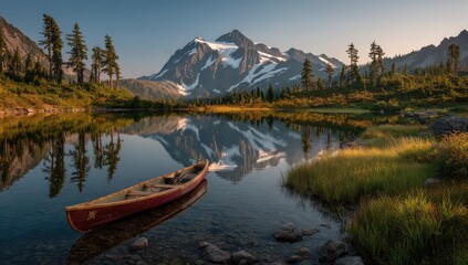 Calm alpine lake reflecting mountain peak, canoe at edge