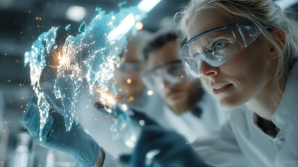 A focused scientist examines a holographic world map, symbolizing advanced research and technology in a lab environment.