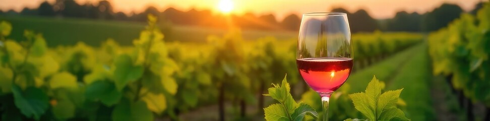 A delicate wine glass rests amidst lush green vineyards, bathed in the warm glow of sunset  The scene evokes a sense of tranquility and the perfect pairing of wine and nature ,  countryside,  harvest