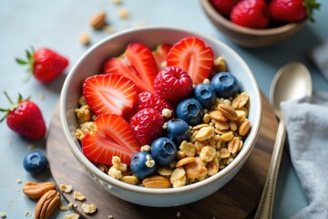 A delicious and healthy bowl of homemade granola cereal with fresh berries and nuts, perfect for a nutritious breakfast , whole grains, nuts