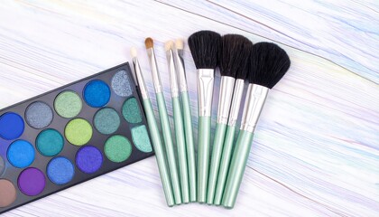 Eyeshadow palette and makeup brushes on a wood surface