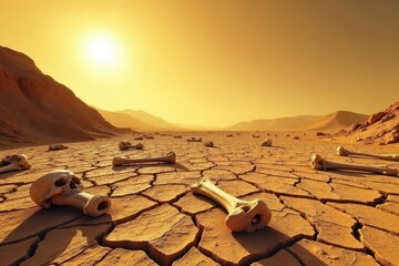 Sun-baked Desolation Bleached Bones Scattered Across a Cracked Earth Under a Merciless Sun