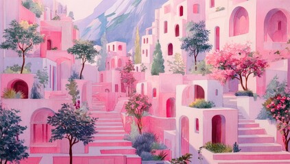 Pastel-toned city nestled in a valley, with terraced structures, pink buildings, and flowering trees