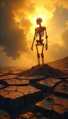 A dramatic, ethereal scene depicting a skeletal figure rising from a cracked earth, bathed in golden light, suggesting rebirth and renewal , mystical, folklore