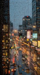 Obraz premium Rainy city street viewed through a wet window