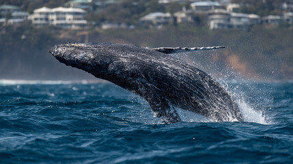 Fototapeta premium Humpback whale breaching the ocean surface with buildings visible in the background on a sunny day