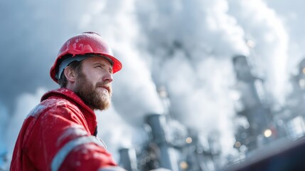 A man in a red work uniform and helmet stands in an industrial setting, gazing outward as smoke billows from machinery in the background.