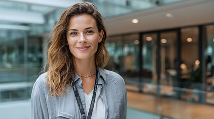 Obraz premium Smiling woman with an ID badge standing in a modern office, confident and professional